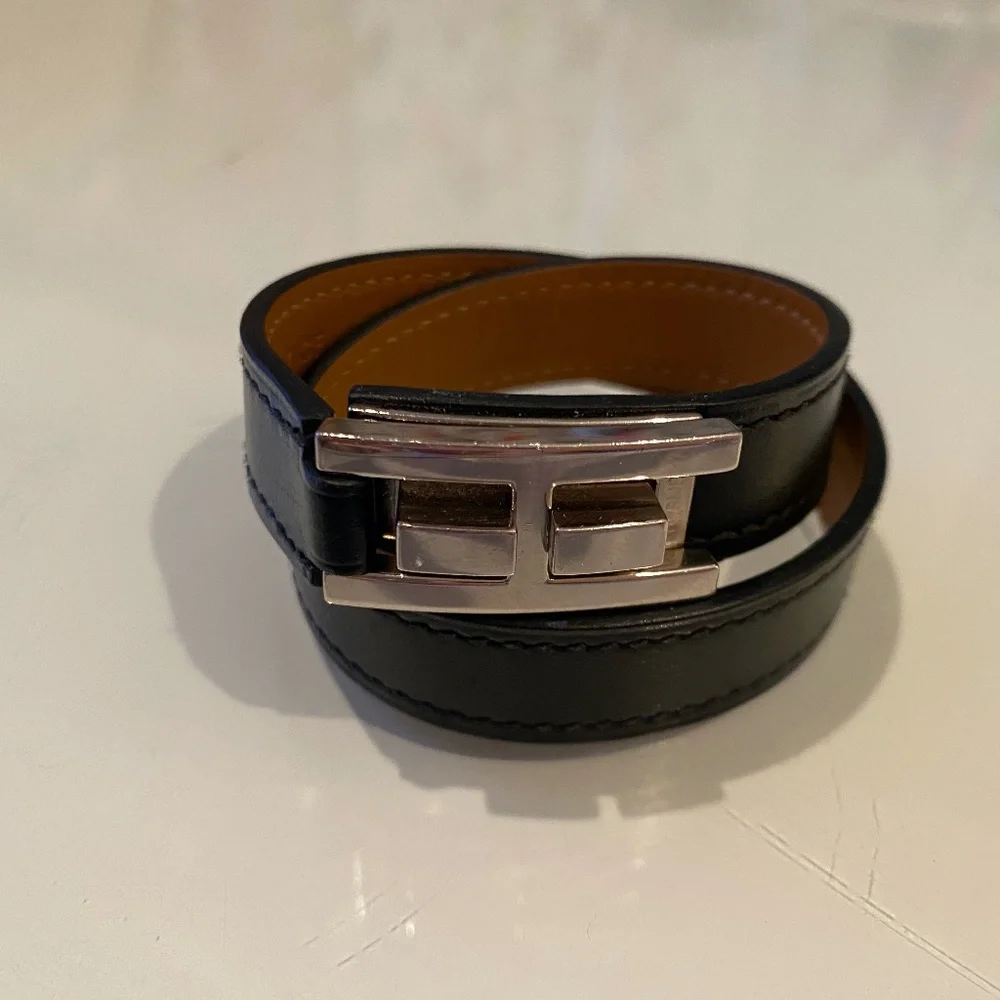Hermes Drag Double Tour Black Leather and Palladium Bracelet - Picture 1 of 5